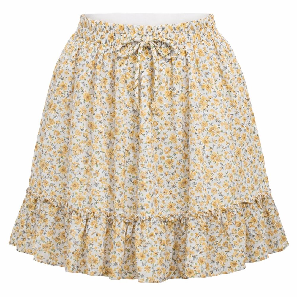 Paper Crane Yellow Floral Smocked Mini Skirt Ruffle Hem‎ Small